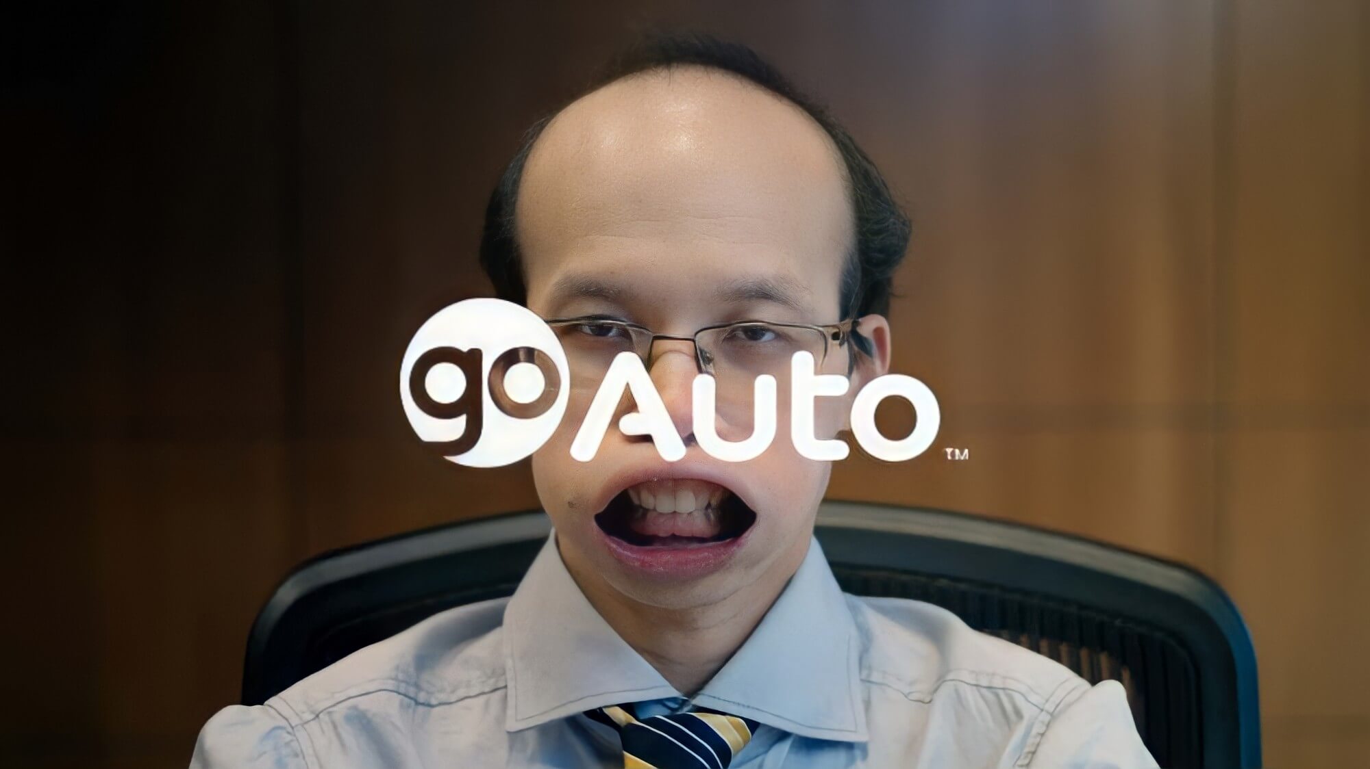 An actor with a leaf blower on his face, from a employee recruitment video campaign